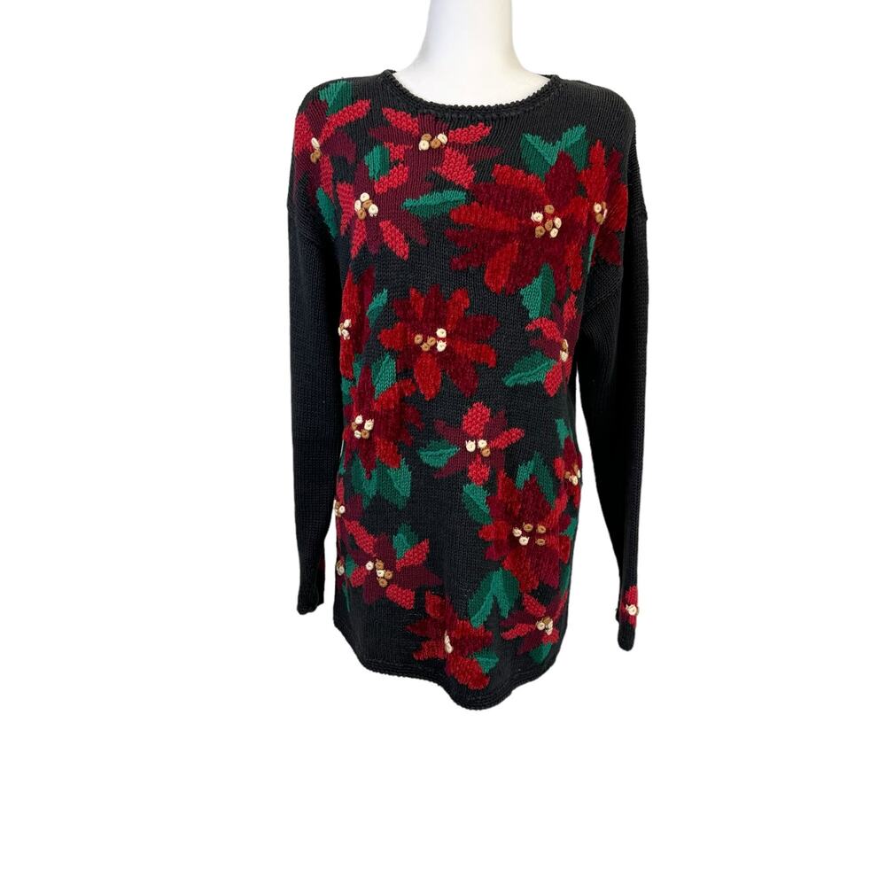 Women's Black Crew Neck Sweater with Red Poinsettia Embroidery